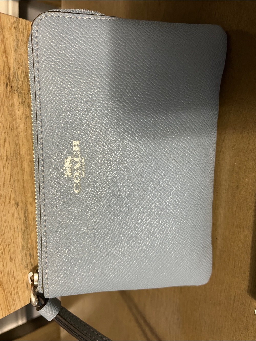 Coach Pale Blue Leather Zip wristlet wallet with Gold Logo